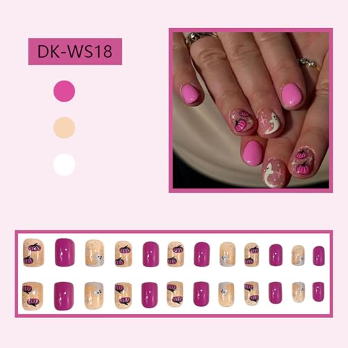 Halloween Press on Nails Short Square Cute Ghost Pumpkin Fake Nails 24 Pcs