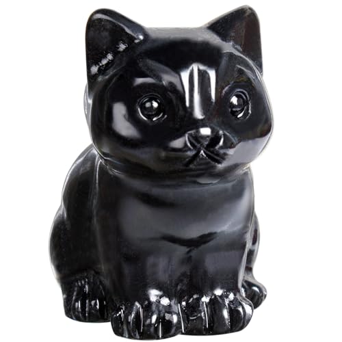 Black Obsidian Crystal Cat Figurine - Lucky Feng Shui Decor & Gift