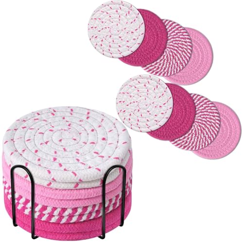 BRILLIRARE 8-Pack Woven Cotton Drink Coasters with Metal Holder - Pink