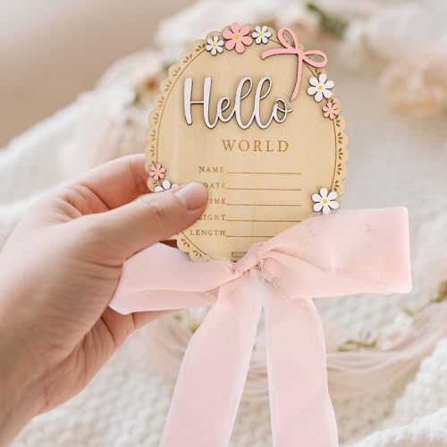 Wooden Baby Announcement Sign with Stand, Hello World Newborn Photo Prop