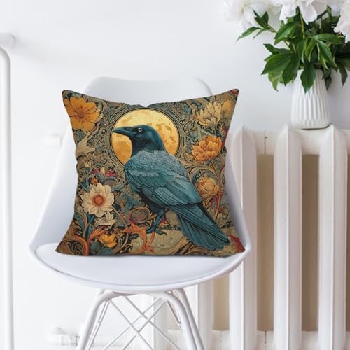 Vintage Crow Raven Throw Pillow Cover 18x18, Gothic Floral Moon Cushion Case