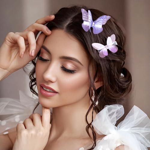 VARMDUKKE 5Pcs Purple Butterfly Hair Clips Rhinestone Organza Barrettes