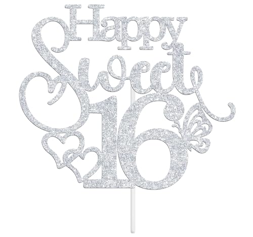 Silver Glitter Happy Sweet 16 Cake Topper for Birthday Parties