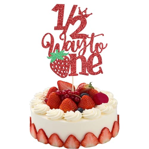 Strawberry Half Birthday Cake Topper - 6 Months Red Glitter Decor