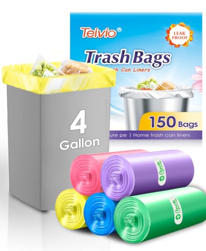 Teivio 4 Gallon Small Trash Bags, Colorful Clear Garbage Liners, 150 Count
