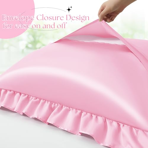 Pink Ruffle Satin Pillow Covers, 18x18 Inch Set of 2, Envelope Closure