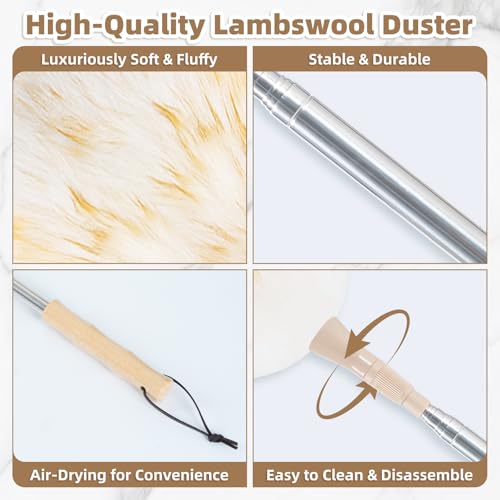 LOVECO Pale Yellow Lambs Wool Duster - Extendable 29-49 Inch for Scratch-Free Cleaning