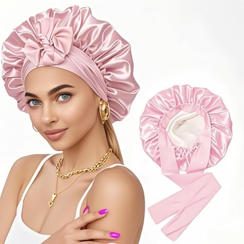 VOGTORY Double Layer Satin Sleep Bonnet with Tie Band for Curly Hair