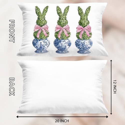 Pink Easter Bunny Pillow Cover 12x20 - Blue Chinoiserie Decor for Living Room & Bedroom