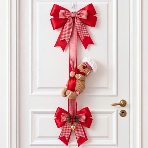 Christmas Door Hanger Decorations with Red Bow and Gingerbread - Festive Holiday Decor