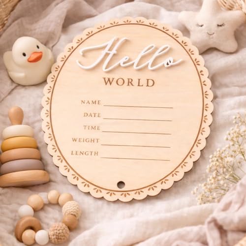 Bitaldi Blue Hello World Newborn Sign - 6 Inch Baby Birth Announcement with Bow, Nursery Decor & Photo Prop