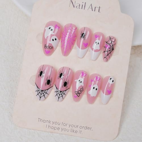 Ghost Spider Web Press On Nails Short Almond Halloween Fake Nails 30Pcs
