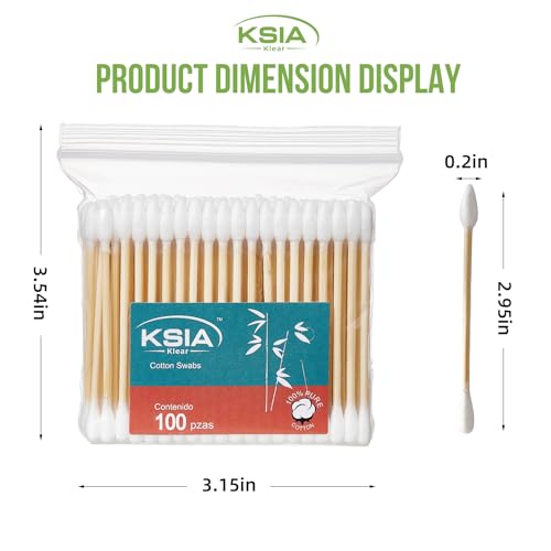 KSIA Dual-Tip Cotton Swabs with Bamboo Sticks 200 Count - Pointed and Round Buds for Makeup and Personal Care