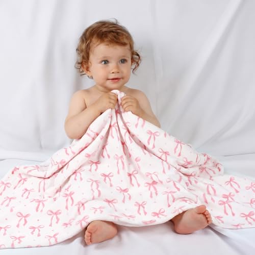 Lounsweer Pink Bow Baby Blanket, Soft Fleece 3D Polka Dot Throw, 30x40 Inch