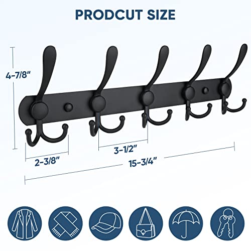TICONN Wall Mounted Coat Rack, 5 Heavy Duty Tri-Hooks - Matte Black