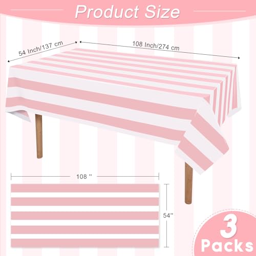 3 Packs Pink Stripe Plastic Tablecloths 54x108 Inch - Vertical