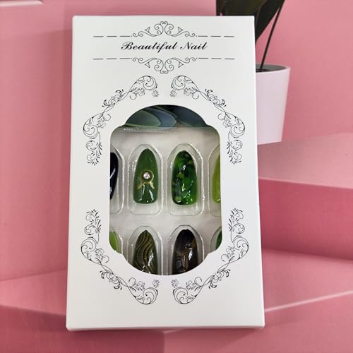 Green Press on Nails Medium Almond Fake Nails with Rhinestones 24 Pcs