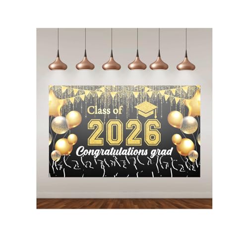 Black and Gold Graduation Banner 2026 - Durable Congrats Grad Backdrop