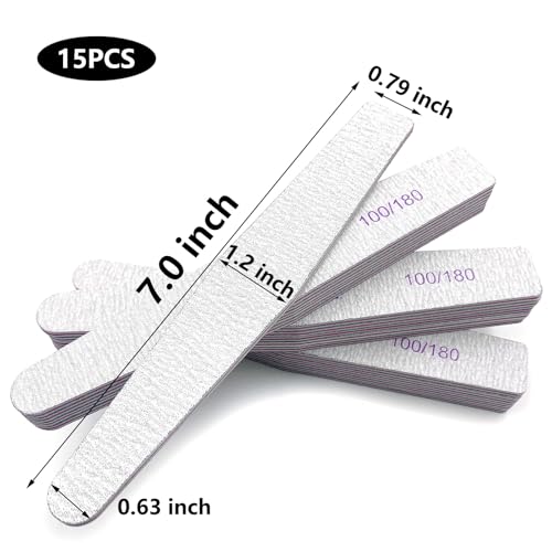 BIDEX 15-Piece Professional Nail Files 100/180 Grit Dual-Sided Nail Buffers