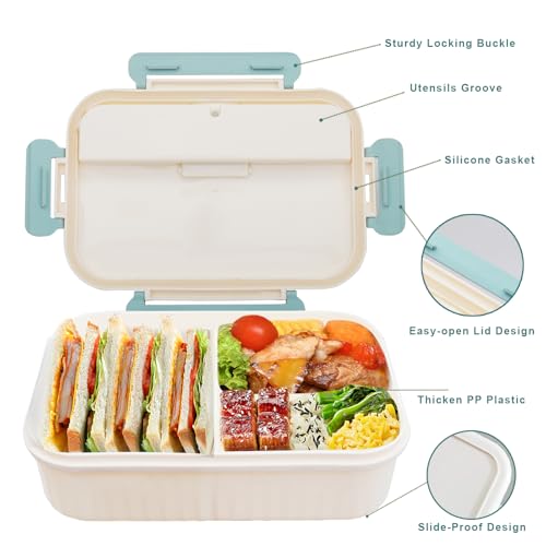 AYauGamA Bento Box - 3-Compartment Adult Lunch Box, 1800ml, BPA-Free, Microwave & Dishwasher Safe, Includes Spoon & Fork (Blue)