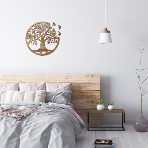 12-Inch Wooden Tree of Life Wall Art - Round Boho Home Decor with 3 Birds