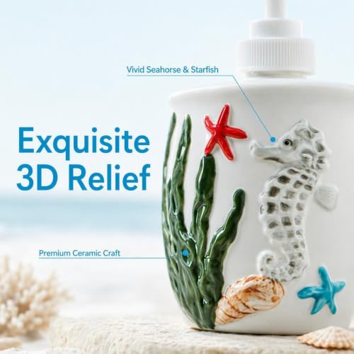 Ocean Ceramic Soap Dispenser - 3D Embossed Seahorse & Starfish