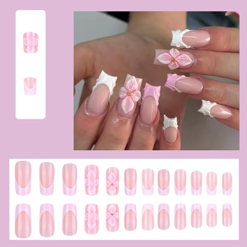 PSBRBAD Long Square French Press on Nails with 3D Flower and Pearl