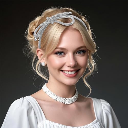 BOXOB Silver Rhinestone Bow Headband Crystal Hair Crown for Women