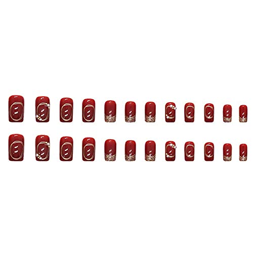 Press On Nails Medium Square Wine Red False Nails with Pearls Rhinestones