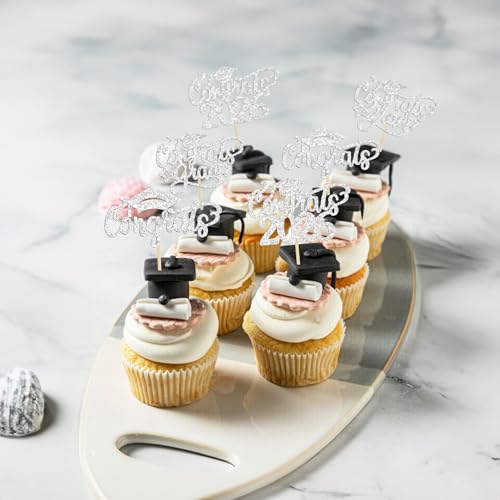 24 Pcs Graduation Cupcake Toppers - Class of 2026 Glitter Decor