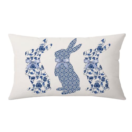 Blue Bunny Decorative Pillow Cover 12x20 Inch - Easter Chinoiserie