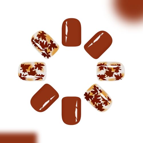 Fall Press on Nails Short Square Maple Leaf Acrylic False Nails 24PCS