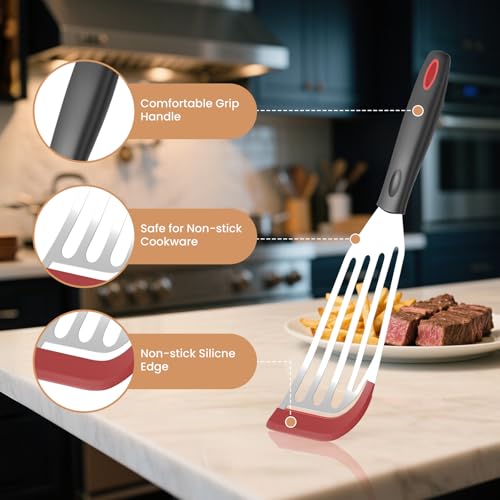 Ecerangus Red Silicone Fish Spatula Set - Stainless Steel Turner for Nonstick Cookware