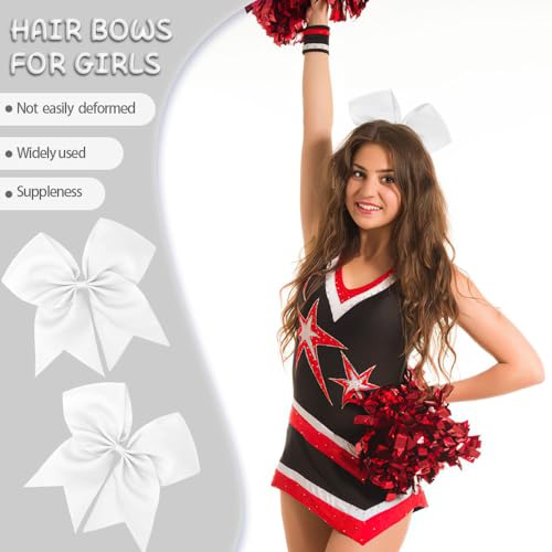 Large White Hair Bows for Cheerleaders - 8 Inch Cheer Bow with Elastic