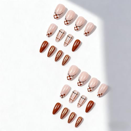 Fall Press On Nails Medium Almond Thanksgiving Pumpkin Plaid Acrylic Fake Nails