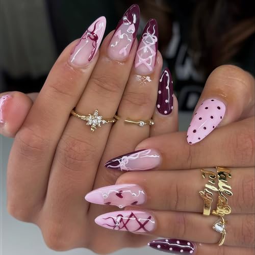 Valentines Day French Tip Press on Nails Medium Almond Fake Nails