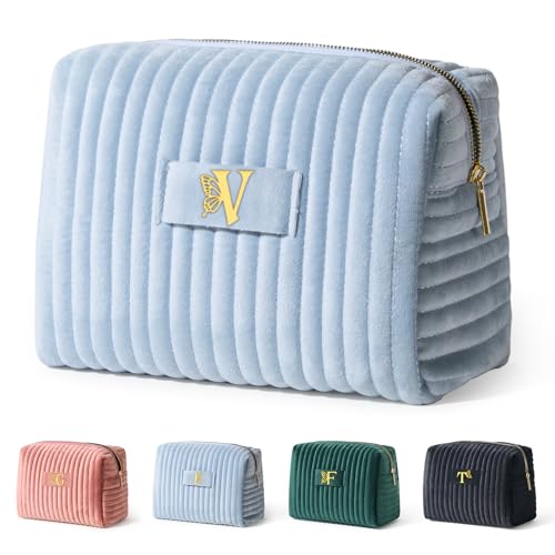 COSHAYSOO Velvet Travel Makeup Bag Initial Cosmetic Pouch Blue Letter V