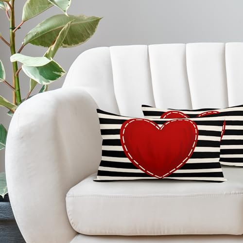 Valentine's Day Heart Lumbar Pillow Covers, 12x20 Inch Black & White, Set of 2