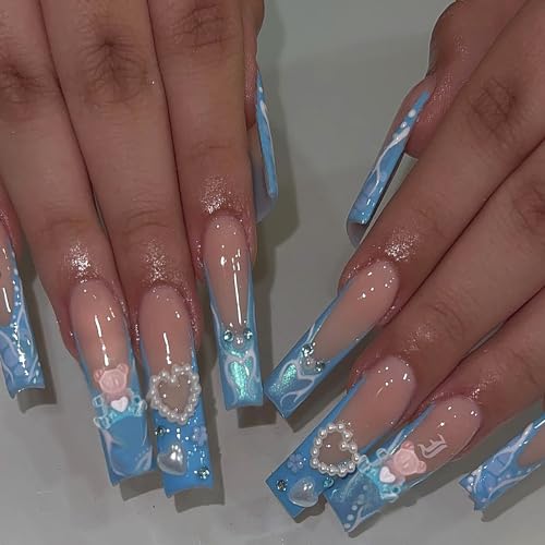 Long Blue French Press On Nails with Heart and Pearl Rhinestones