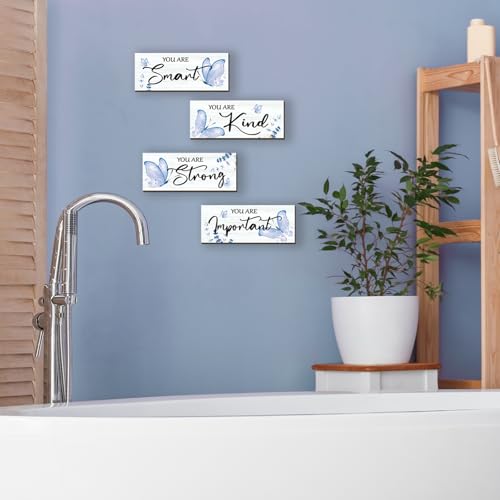 4 Pcs Blue Butterfly Wall Decor, Inspirational Wooden Signs for Bedroom