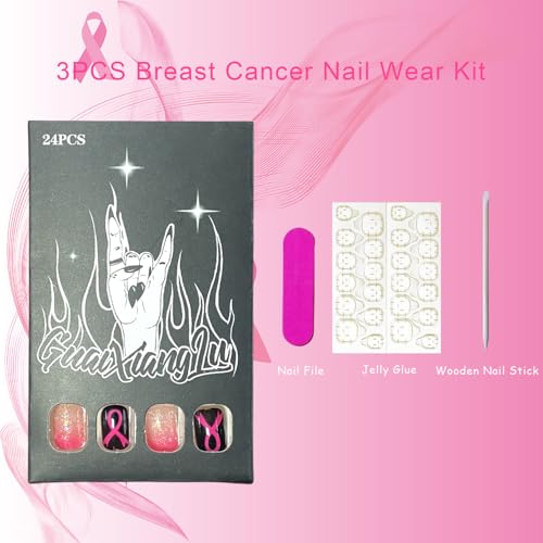 Breast Cancer Press on Nails Short Square Pink Ribbon False Nails