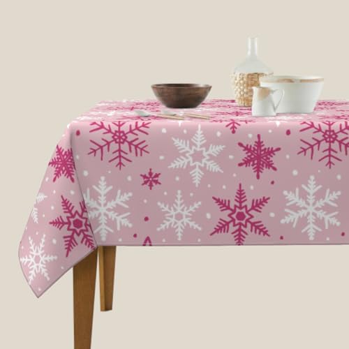 Pink Christmas Square Tablecloth 60x60 Inch Snowflake Holiday Decor - Pink & White