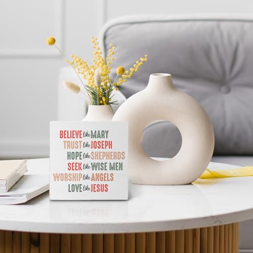 Christmas Wooden Sign - Believe Like Mary Inspirational Rustic Decor, 5x5 Inches - Holiday Home & Office Decor