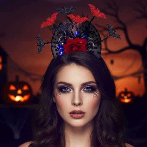 Woeoe Gothic Halloween Flower Headband with Red Roses and Bats