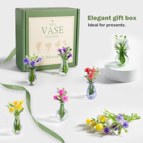 Mini Glass Vase Magnets Set - 6 Pcs Cute Magnetic Vases with Flowers