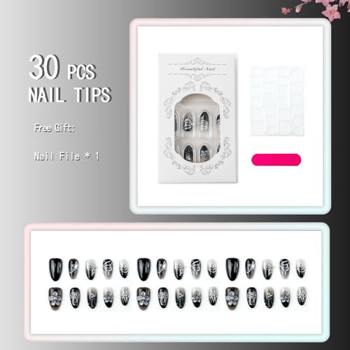 Black French Tip Press On Nails Medium Almond 3D Butterfly False Nails