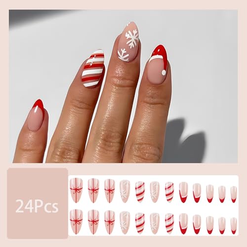 Christmas Press on Nails Almond Medium False Nails French Tip Holiday Art