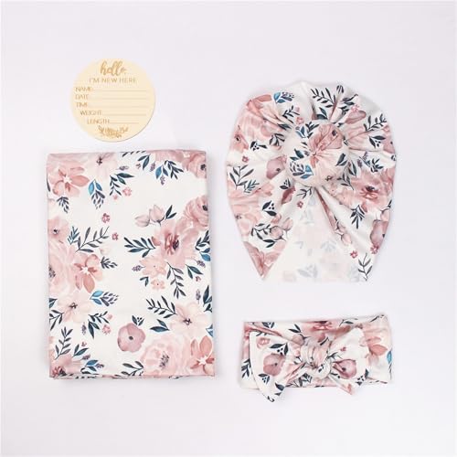 Newborn Baby Swaddle Set with Headband & Name Card - Floral