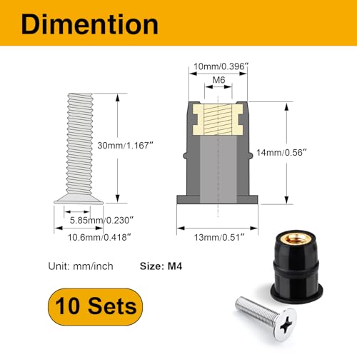 10Pcs M6 Neoprene Well Nuts Kit with Stainless Steel Screws for Marine, Motorcycle, Kayak & Windscreen Accessories - High Strength Rubber Fasteners.
