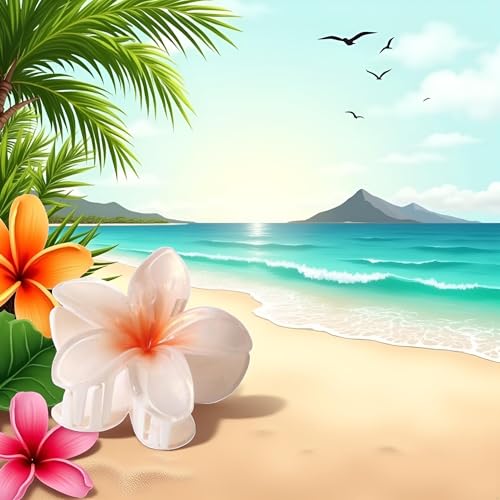 Myuiao White Plumeria Flower Hair Claw Clip - Hawaiian Hair Jaw Clip for Thin Hair